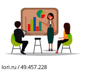 Business meeting presentation and information given on laptop chart pie diagram, people listening attentively to listener, seminar vector illustration. Business Meeting Presentation Vector Illustration. Стоковая иллюстрация, агентство Ingram Publishing / Фотобанк Лори