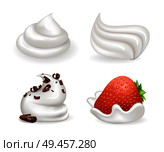 Freshly whipped cream set of icons, strawberry in mousse and chocolate crumbles placed on fluffy foam as decoration isolated on vector illustration. Freshly Whipped Cream Set Vector Illustration. Стоковая иллюстрация, агентство Ingram Publishing / Фотобанк Лори