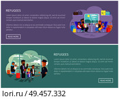 Refugee Arabian families Internet promo posters set. people who need shelter in foreign country informative web page templates vector illustrations.. Refugee Arabian Families Internet Promo Posters. Редакционная иллюстрация, агентство Ingram Publishing / Фотобанк Лори