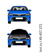 Car tuning service and automobile that needs renovation. Vehicle in blue corpus with open hood for inside parts replacement vector illustrations.. Tuning Service and Old Car that Needs Renovation. Стоковая иллюстрация, агентство Ingram Publishing / Фотобанк Лори