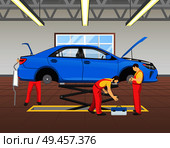 Repairing blue car in garage full of light window, lifted automobile without tires, auto mechanics working process fixing vehicle vector illustration. Repairing Blue Car in Garage Vector Illustration. Стоковая иллюстрация, агентство Ingram Publishing / Фотобанк Лори
