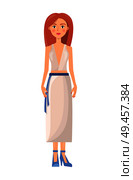 Girl in stylish summer costume of shirt with deep decollete and long skirt with belt. Young woman in light clothes suit isolated vector illustration. Girl in Stylish Summer Costume of Shirt and Skirt. Стоковая иллюстрация, агентство Ingram Publishing / Фотобанк Лори