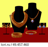Jewelry presentation showcase, accessories placed on mannequins in shop to show assortment of earrings, bracelets and necklace vector illustration. Jewelry Presentation Showcase Vector Illustration. Стоковая иллюстрация, агентство Ingram Publishing / Фотобанк Лори