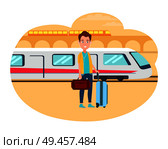 Man with baggage wait for train at railway station. Young cheerful guy wants to migrate from country and find new home abroad vector illustration.. Man with Baggage Wait for Train at Railway Station. Стоковая иллюстрация, агентство Ingram Publishing / Фотобанк Лори