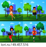 People in park using modern computer technologies web banners set. Men and women with gadgets sitting in wi-fi zone on wooden benches with tablets. People in Park Using Modern Computer Technologies. Стоковая иллюстрация, агентство Ingram Publishing / Фотобанк Лори