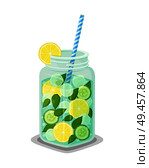 Mug of refreshing drink containing organic green cucumber, mint leaves, round slices of lemon, ice cubes vector dieting cocktail with straw isolated. Mug of Rrefreshing Drink Contains Organic Products. Стоковая иллюстрация, агентство Ingram Publishing / Фотобанк Лори