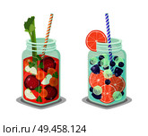 Jars with refreshing detox juice vector big glass cups with straw, fresh vegetables and fruits, cocktails contain carrot beet orange blackberry ice. Jars Refreshing Detox Juice Vector Big Glass Cups. Стоковая иллюстрация, агентство Ingram Publishing / Фотобанк Лори