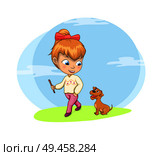 Walking dog activity of girl, natural clouds on sky good mood and friendly atmosphere, pet outdoors vector illustration isolated, white background. Walking Dog Activity of Girl Vector Illustration. Стоковая иллюстрация, агентство Ingram Publishing / Фотобанк Лори