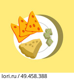Different sorts of cheese set, colorful poster, cartoon vector illustration, cheese with holes, edible mold, sliced dairy on round fragile dishware.. Different Sorts Cheese Collection, Colorful Poster. Стоковая иллюстрация, агентство Ingram Publishing / Фотобанк Лори