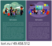 Refugee banners collection, people at airport ready to boarding, family sitting inside of train cabin, luggage on shelves vector illustration posters set. Refugee Banners Collection Vector Illustration. Стоковая иллюстрация, агентство Ingram Publishing / Фотобанк Лори