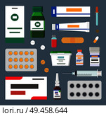 Medicines set, sharp syringes and sterile plasters. Sweet syrups from caugh, bars of pills, small pipettes isolated cartoon vector illustrations set.. Medicines Set, Sharp Syringes and Sterile Plasters. Стоковая иллюстрация, агентство Ingram Publishing / Фотобанк Лори