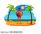 Man in sunglasses and red swimming trunks with shiny lifebuoy. Handsome suntanned guy wears swimwear standing on beach among palm trees vector summer.. Man in Sunglasses and Red Trunks with Lifebuoy. Стоковая иллюстрация, агентство Ingram Publishing / Фотобанк Лори