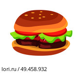 Hamburger with fresh tomatoes, lettuce leaf, grilled steak and sesame on bun. High calorie contain meal isolated cartoon flat vector illustration.. Hamburger with Fresh Tomatoes and Lettuce Leaf. Стоковая иллюстрация, агентство Ingram Publishing / Фотобанк Лори