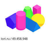 Colorful prisms set isolated on white background, pentagonal triangular shapes, sphere cuboid cylinder and blunted pyramid vector illustration. Colorful Prisms Set Isolated on White Background. Стоковая иллюстрация, агентство Ingram Publishing / Фотобанк Лори