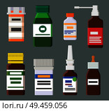 Medicines for cough and runny nose in bottles set. Glass or plastic containers with dispenser and pipette isolated cartoon flat vector illustrations.. Medicines for Cough and Runny Nose in Bottles. Стоковая иллюстрация, агентство Ingram Publishing / Фотобанк Лори