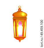 Lantern with glowing light, celebration of Eid Al Adha in Islamic world, decorational element gold object illumination isolated on vector illustration. Lantern with Glowing Light Vector Illustration. Стоковая иллюстрация, агентство Ingram Publishing / Фотобанк Лори