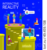 Interactive reality abstract virtual world poster, people in special vr glasses, alternative environment with chart on pillar and social applications. Interactive Reality Abstract Virtual World Poster. Стоковая иллюстрация, агентство Ingram Publishing / Фотобанк Лори