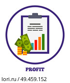 Profit logotype with statistical chart and money. Profitable business round emblem. Banknotes coins on promo financial logo vector illustration in circle. Profit Logotype with Statistical Chart and Money. Стоковая иллюстрация, агентство Ingram Publishing / Фотобанк Лори