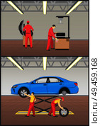 Job with automobile fixing, working people in uniforms repairing vehicle at enlightened garage, auto mechanics work collection, vector illustration. Job with Automobile Fixing Vector Illustration. Стоковая иллюстрация, агентство Ingram Publishing / Фотобанк Лори