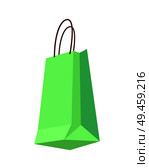 Bag of green color with handles, shopping disposable packet, eco friendly packaging for purchases, vector illustration isolated on white background.. Bag of Green Color with Handles, Shopping Packet. Стоковая иллюстрация, агентство Ingram Publishing / Фотобанк Лори