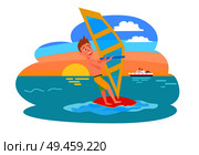 Windsurfing summer sport activity, male with surfboad holds sail, excited man swims on water, isolated flat vector illustration, ship in background.. Windsurfing Summer Sport, Vector Illustration. Стоковая иллюстрация, агентство Ingram Publishing / Фотобанк Лори