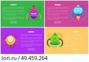 Robots automated mechanisms collection with text under headlines, buttons or gears, bots set that have fire and wheels, isolated vector illustrations.. Robots Automated Mechanisms Vector Illustration. Стоковая иллюстрация, агентство Ingram Publishing / Фотобанк Лори