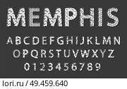 Memphis alphabet numbers type of font with pattern made up of triangles, lines and circles, collection vector illustration isolated on grey background. Memphis Alphabet and Numbers Vector Illustration. Стоковая иллюстрация, агентство Ingram Publishing / Фотобанк Лори