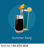 Blue Lagoon and Vodka cola with ice refreshing drinks with straw in elite stemware, popular summer cocktails mix, vector illustration isolated. Blue Lagoon Vodka Cola with Ice Refreshing Drinks. Стоковая иллюстрация, агентство Ingram Publishing / Фотобанк Лори