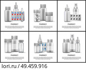 Pharmacy and medicines means bright vector posters isolated on white background, tablets with different pills, health care facilities, text sample. Pharmacy and Medicines Means Bright Vector Posters. Стоковая иллюстрация, агентство Ingram Publishing / Фотобанк Лори