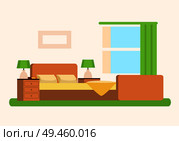 Bedroom with soft spacious bed between bedside tables on carpet near large window. Room that has green curtain and lamps cartoon vector illustration.. Bedroom with Soft Spacious Bed near Large Window. Стоковая иллюстрация, агентство Ingram Publishing / Фотобанк Лори