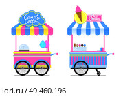 Candy cotton and ice cream wagons vector pattern, isolated on white illustration of mobile shops templates, cute wagon with wheels, striped design. Candy Cotton and Ice Cream Wagons Vector Pattern. Стоковая иллюстрация, агентство Ingram Publishing / Фотобанк Лори