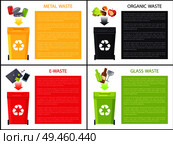 Glass metal organic and e-waste colorful poster isolated on white trash boxes for refuse sorting, icons of bottle and food, electronic gadgets set. Glass Metal Organic and E-waste Colorful Poster. Стоковая иллюстрация, агентство Ingram Publishing / Фотобанк Лори