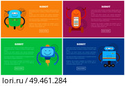 Robot collection of websites and bots types, mechanisms peculiarities set, text sample under headline cartoon vector illustration isolated on yellow.. Robot Collection Websites Vector Illustration. Стоковая иллюстрация, агентство Ingram Publishing / Фотобанк Лори