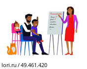 Family voting for plan on whiteboard father with children and cat participating in making decisions, mother ideas written on board vector illustration. Family Vote for Plan on Board Vector Illustration. Стоковая иллюстрация, агентство Ingram Publishing / Фотобанк Лори