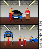 Engine maintenance and car suspension inspection colorful vector illustration of automobile workshop, mechanics in special equipment, repair tools. Engine Maintenance and Car Suspension Inspection. Стоковая иллюстрация, агентство Ingram Publishing / Фотобанк Лори