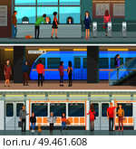 Subway wagon, modern station and entrance set. Automatic turnstiles, fast electric train, comfortable seats with passengers vector illustrations.. Subway Wagon, Modern Station and Entrance Set. Стоковая иллюстрация, агентство Ingram Publishing / Фотобанк Лори