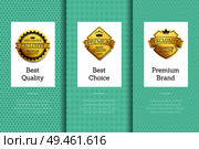 Best quality choice labels set. Brand premium items with guarantee and certificate badges. Recommended and special new offers vector illustration. Best Quality Choice Labels Set Vector Illustration. Стоковая иллюстрация, агентство Ingram Publishing / Фотобанк Лори