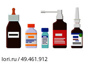 Medical means for cough and runny nose in bottles. Containers with dispensers full of healing pharmaceutical liquids isolated vector illustrations.. Medical Means for Cough and Runny Nose in Bottles. Стоковая иллюстрация, агентство Ingram Publishing / Фотобанк Лори