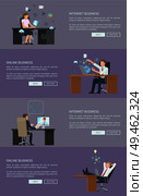 Internet and online business web pages collection, people working on improvement, laptops usage, modern devices global involvement vector illustration. Internet and Online Web Pages Vector Illustration. Стоковая иллюстрация, агентство Ingram Publishing / Фотобанк Лори