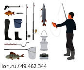 Fishing man holding fish catched on rod with bait help. items related to hobby of person. Set of landing net, waders and poles vector illustration. Fishing Man and Fish Items Set Vector Illustration. Стоковая иллюстрация, агентство Ingram Publishing / Фотобанк Лори