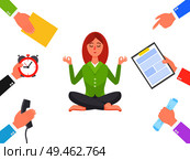 Work circle and meditating young woman poster, vector illustration of hands with documents clock and phone, lotus pose helps to improve mind thinking. Work Circle and Meditating Young Woman Poster. Стоковая иллюстрация, агентство Ingram Publishing / Фотобанк Лори