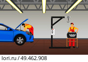 Automotive technician at work man wearing special suit standing by box with tools, male repairing automobile in enlightened garage vector illustration. Automotive Technician at Work Vector Illustration. Стоковая иллюстрация, агентство Ingram Publishing / Фотобанк Лори