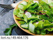 Spinach salad with fresh cucumbers,microgreen and quail eggs. Salad with mix salad leaves. Стоковое фото, агентство Ingram Publishing / Фотобанк Лори