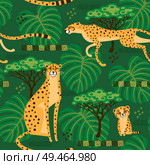 Seamless pattern with cheetahs, leopards in the jungle. Repeated exotic wild cats in the background of the savannah. Vector stylized travel illustration.. Seamless pattern with cheetahs, leopards in the jungle. Repeated exotic wild cats in the background of the savannah. Vector stylized travel illustration. Стоковая иллюстрация, агентство Ingram Publishing / Фотобанк Лори