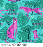 Seamless pattern with cheetahs, leopards in the jungle. Repeated exotic wild savanna cat. Vector stylized illustration in bright pink and turquoise color.. Seamless pattern with cheetahs, leopards in the jungle. Repeated exotic wild savanna cat. Vector stylized illustration in bright pink and turquoise color. Стоковая иллюстрация, агентство Ingram Publishing / Фотобанк Лори