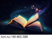An open book releasing a stream of stars into the air, creating a magical and enchanting scene. Стоковое AI-изображение, AI-художник Данила Большаков / Фотобанк Лори