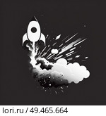 A black and white photo of a rocket ship blasting off into space with dramatic clouds of smoke, showcasing the power and technology of space exploration. Стоковое AI-изображение, AI-художник Данила Большаков / Фотобанк Лори