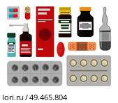 Pills and liquids to treat illnesses or ease pain. Medications and sterile plaster. Syrups from cough and tablets bars isolated vector illustrations.. Pills and Liquids to Treat Illnesss and Ease Pain. Стоковая иллюстрация, агентство Ingram Publishing / Фотобанк Лори