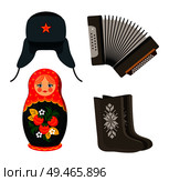 Doll and warm winter hat Russian set. Accordion musical instrument with buttons and keys. Decorated nesting toy and felt boots vector illustration. Doll and Winter Hat Russian Vector Illustration. Стоковая иллюстрация, агентство Ingram Publishing / Фотобанк Лори