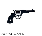 Gun monochrome icon. Weapon with metal tube from which bullets propelled. Revolver sketch handgun emblem with star isolated on vector illustration. Gun Shot Logotype Closeup Vector Illustration. Стоковая иллюстрация, агентство Ingram Publishing / Фотобанк Лори